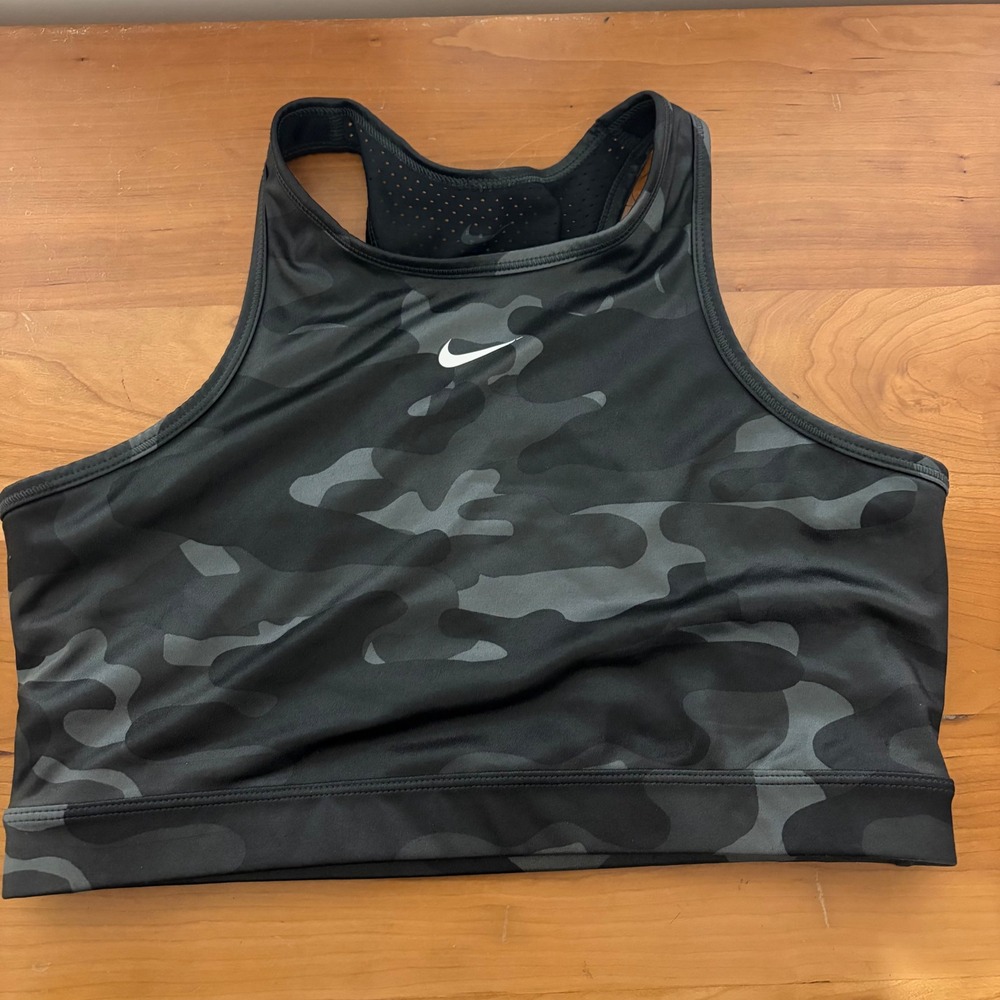 Nike Pro Womens Camo High Neck Racerback Sports Bra Black Gray Large